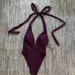 Jess Lea Women’s One Piece Swimsuit Size Medium Padded Plum Tie Neck‎ New